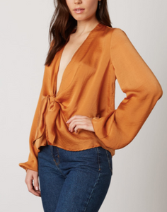 Satin Wrap Tie V Neck Long Sleeve Crop Top