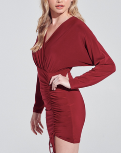 V Neck Ruched Front Side Tie Batwing Long Sleeve Mini Dress