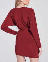 Load image into Gallery viewer, V Neck Ruched Front Side Tie Batwing Long Sleeve Mini Dress
