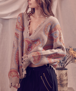 Paisley Deep V Neck Distressed Sweater
