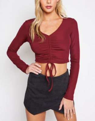 V Neck Ruch Tie Long Sleeve Crop Top