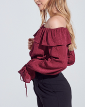 Load image into Gallery viewer, Off The Shoulder Ruffle Flower Detail Flounce Tie Shoulder Crop Top