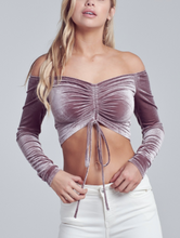 Load image into Gallery viewer, Off The Shoulder Velvet Ruched Tie Front Crop Top