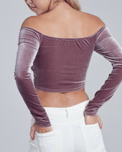 Load image into Gallery viewer, Off The Shoulder Velvet Ruched Tie Front Crop Top