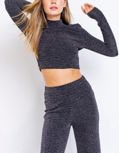 Load image into Gallery viewer, Lurex Rib Cut Out Shoulcer Mock Neck Long Sleeve Crop Top