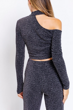 Load image into Gallery viewer, Lurex Rib Cut Out Shoulcer Mock Neck Long Sleeve Crop Top