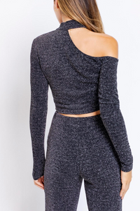 Lurex Rib Cut Out Shoulcer Mock Neck Long Sleeve Crop Top