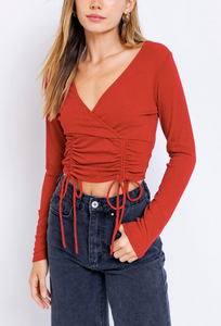 V Neck Rib Surplus Ruch Double Tie Long Sleeve Crop T Shirt
