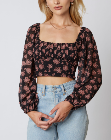 Floral Peasant Tie Back Long Sleeve Crop Top shop hey chick