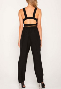 Smocked High Neck Open Back Cut Out Jumpsuit