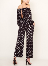 Load image into Gallery viewer, Polka Dot Print Off The Shoulder Open Back Cropped Wide Leg Jumpsuit