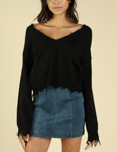 Load image into Gallery viewer, Distressed V Neck Drop Shoulder Sweater
