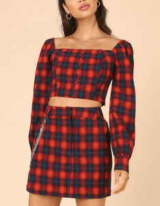 Plaid Square Neck Button Long Sleeve Smocked Back Crop Top