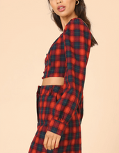 Load image into Gallery viewer, Plaid Square Neck Button Long Sleeve Smocked Back Crop Top