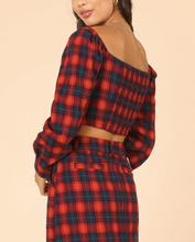 Load image into Gallery viewer, Plaid Square Neck Button Long Sleeve Smocked Back Crop Top