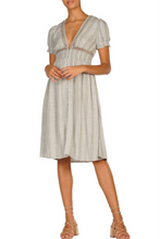 Load image into Gallery viewer, Chambray V Neck Short Sleeve A Line Macrame Button Midi Dress