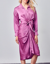 Load image into Gallery viewer, Satin Long Sleeve Collar Ruch Tie Midi Dress