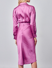 Load image into Gallery viewer, Satin Long Sleeve Collar Ruch Tie Midi Dress