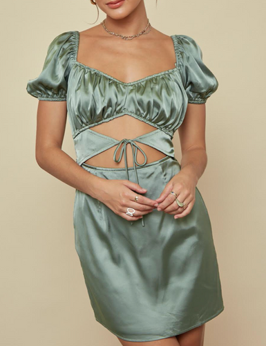 Short Sleeve Satin Cut Out Peasant Mini Dress