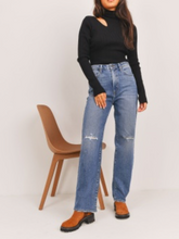 Load image into Gallery viewer, Denim High Rise Blow Out Knee Straight Leg Jean