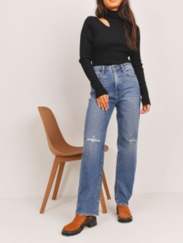 Denim High Rise Blow Out Knee Straight Leg Jean