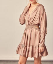 Load image into Gallery viewer, Satin Cut Out Long Sleeve Faux Wrap Mini Dress
