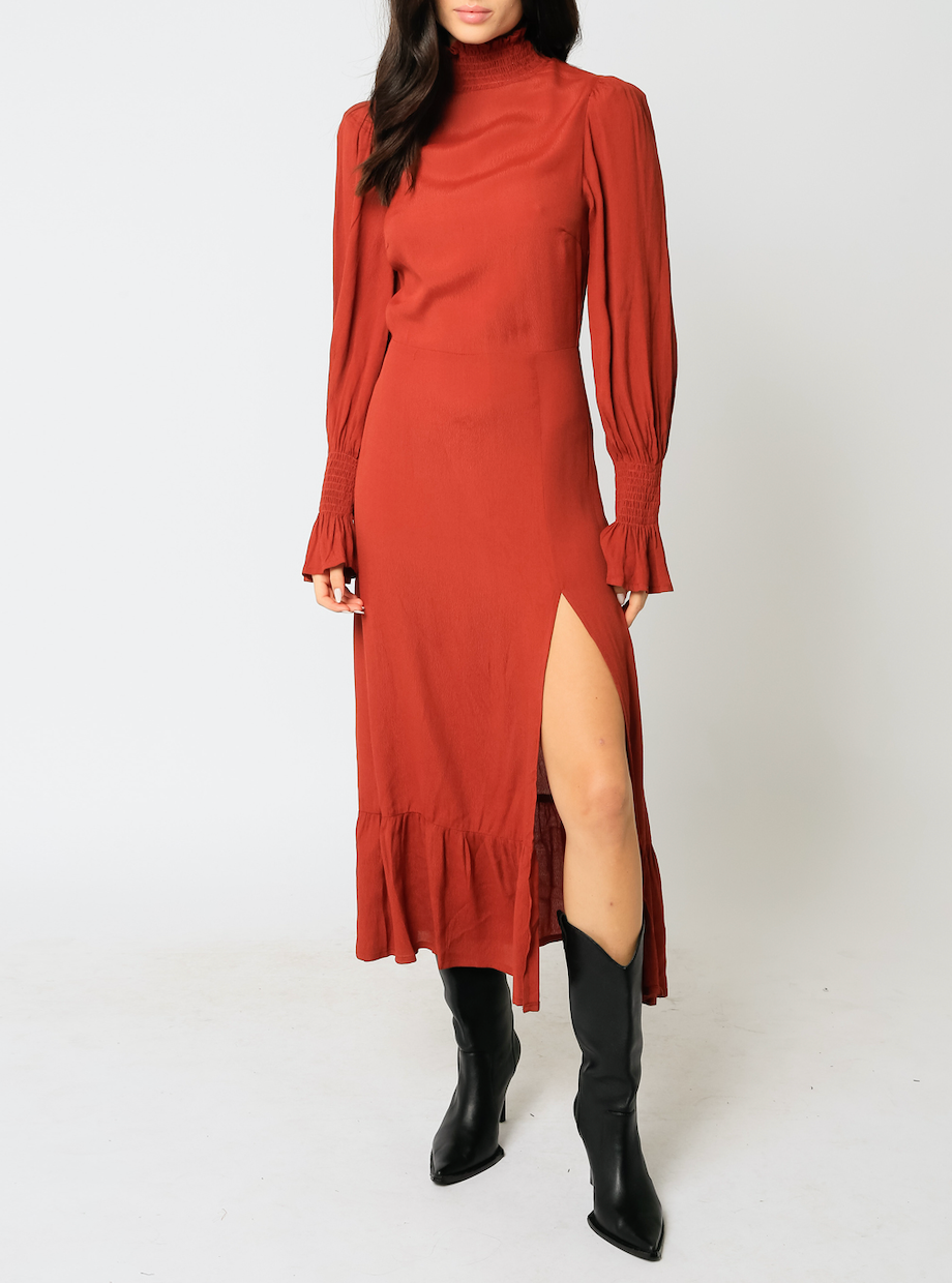 Mock Neck Long Sleeve Leg Slit Midi Dress