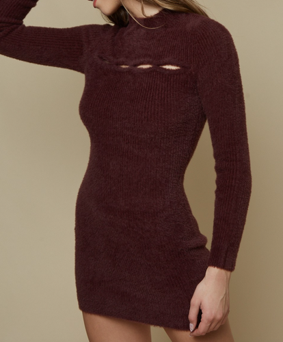 Long Sleeve Mock Neck Cut Out Detail Sweater Mini Dress
