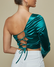 Load image into Gallery viewer, One Shoulder Stretch Lace Up Back Crop Top