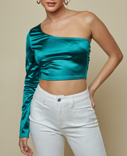 Load image into Gallery viewer, One Shoulder Stretch Lace Up Back Crop Top