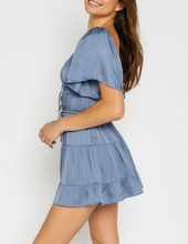 Load image into Gallery viewer, Short Sleeve Satin Peasant Tie Mini Dress