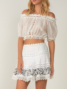 Off The Shoulder Macramé Embroidered Long Sleeve Crop Top