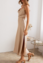 Load image into Gallery viewer, Satin Cowl Neck Tie Midi Dress