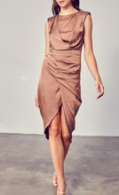 Load image into Gallery viewer, Satin Sleeveless Strong Shoulder Drape Dress