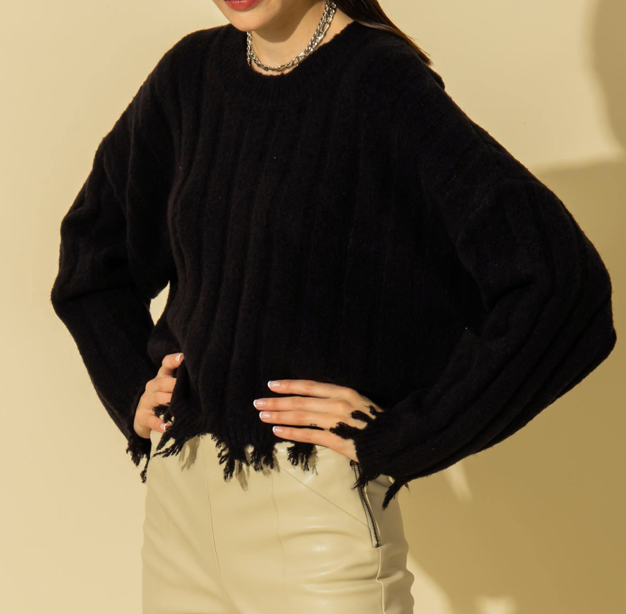 Frayed trim sales drop shoulder sweater