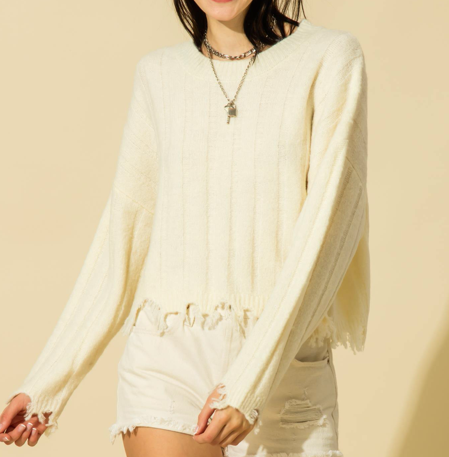 Crew Neck Drop Shoulder Fray Hem Knit Sweater