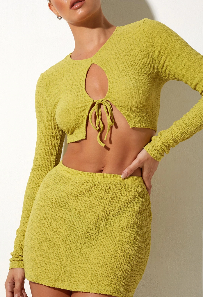 Long Sleeve Cut Out Tie Front Crop Top