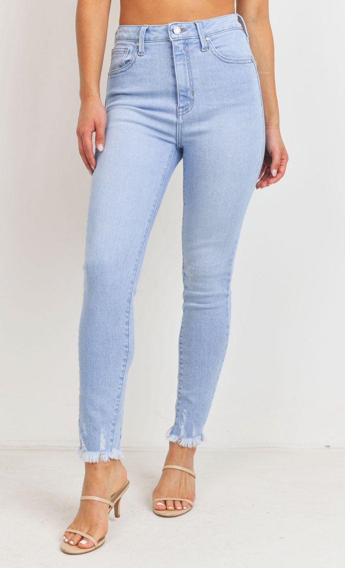 High Rise Distressed Fray Skinny Jeans