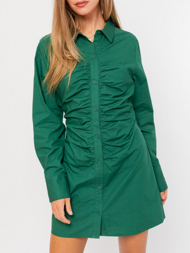 Long Sleeve Collared Shirred Shirt Dress