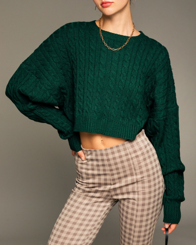 Cable Knit Crewneck Drop Shoulder Cropped Sweater