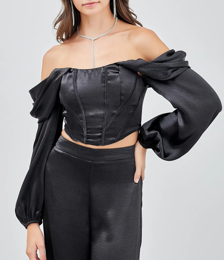 Black satin off shoulder top hotsell