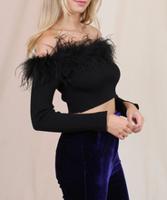 Load image into Gallery viewer, Off Shoulder Feather Trim Crop Top