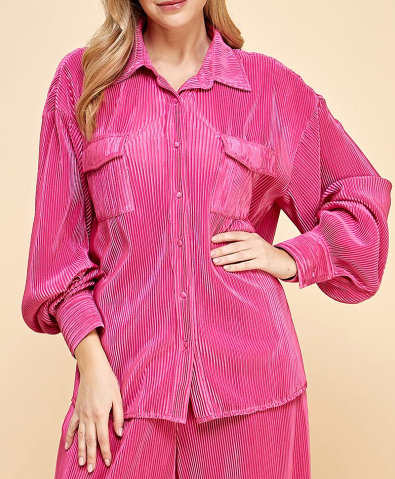 Long Sleeve Oversized Pleated Button Down Top