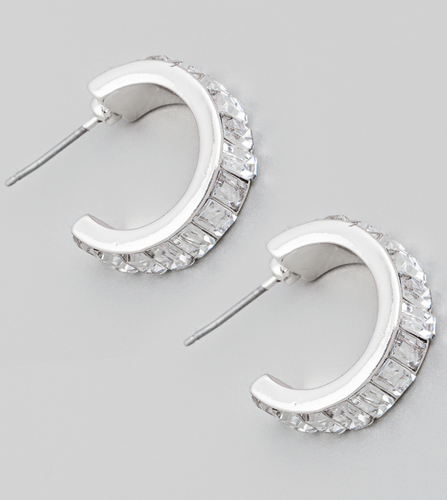 Mini Baguette Rhinestone Hoop Earrings