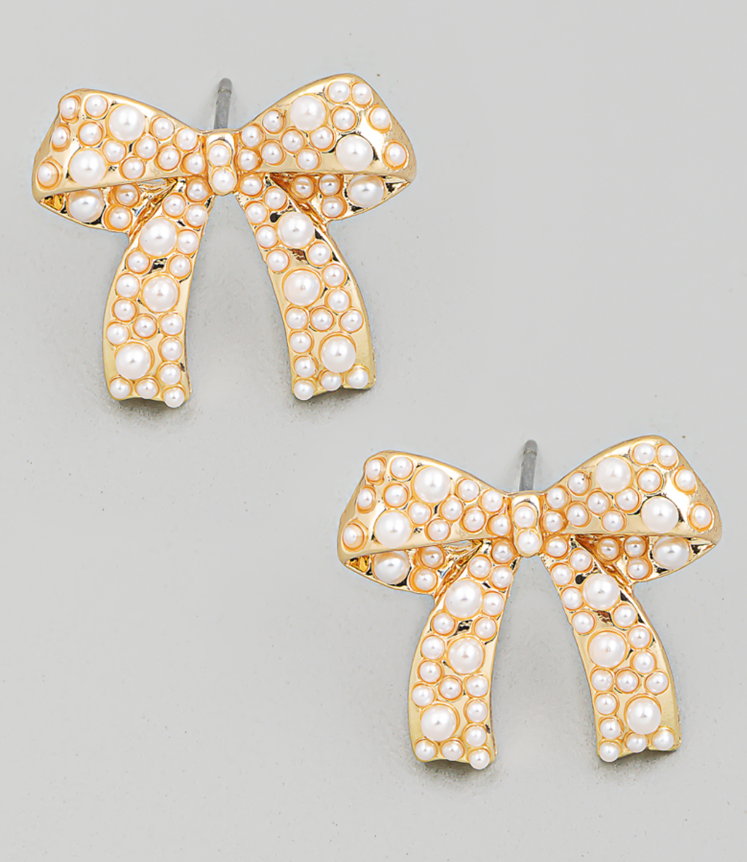 Mini Pearl Beaded Bowtie Stud Earrings