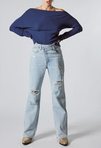 Distressed Cross Button Down Waistband Jeans