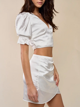 Load image into Gallery viewer, High Waisted Satin Bow Mini Skirt