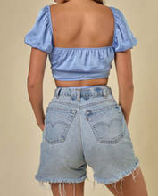 Load image into Gallery viewer, Puff Sleeve Satin Cross Front Crop Top