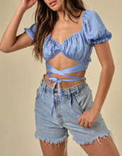 Load image into Gallery viewer, Puff Sleeve Satin Cross Front Crop Top