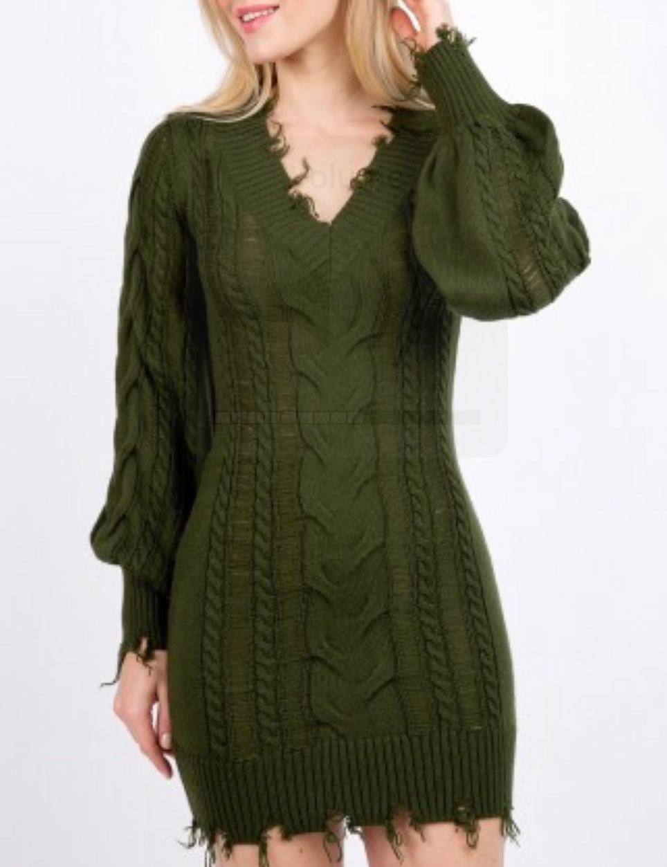 Cable Knit V Neck Bishop Long Sleeve Mini Dress